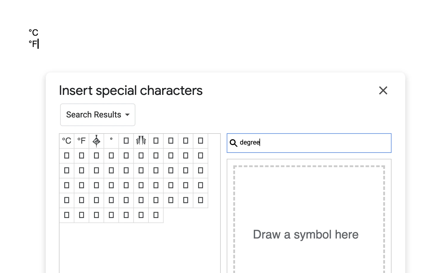 degree symbol google docs