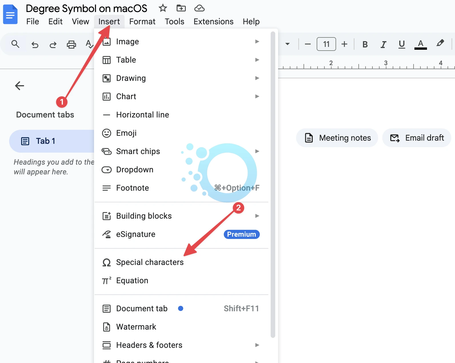 degree symbol google docs