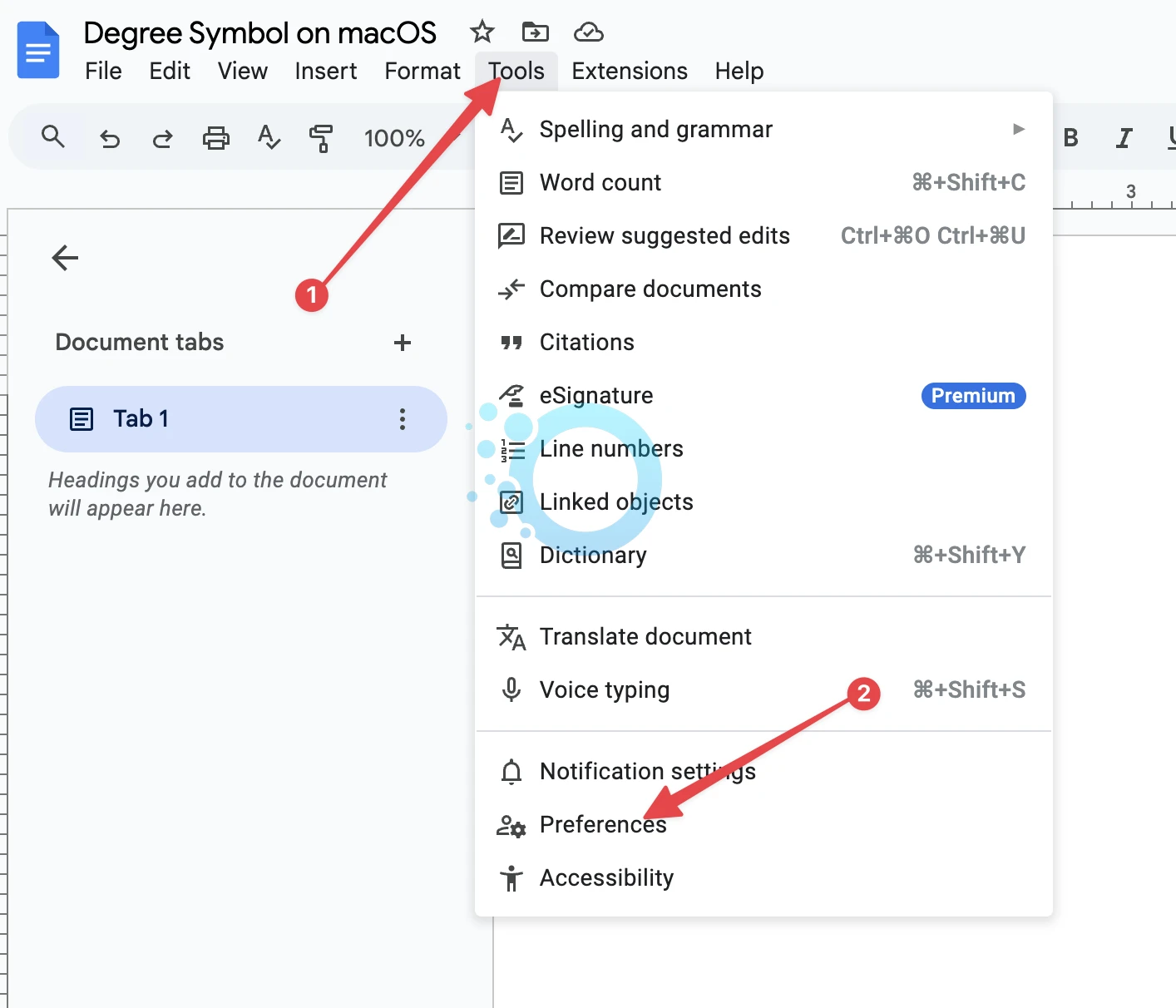 degree symbol google docs