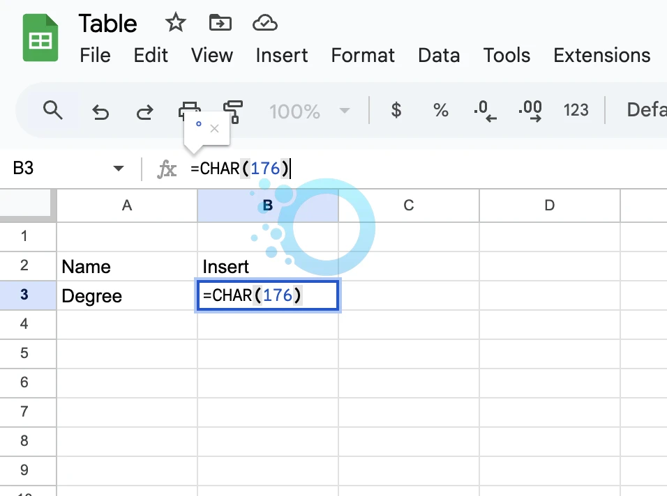 degree symbol in google sheet