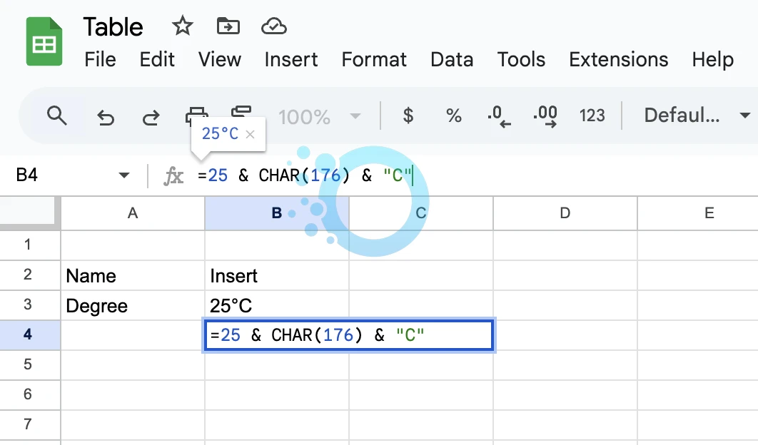 degree symbol in google sheet