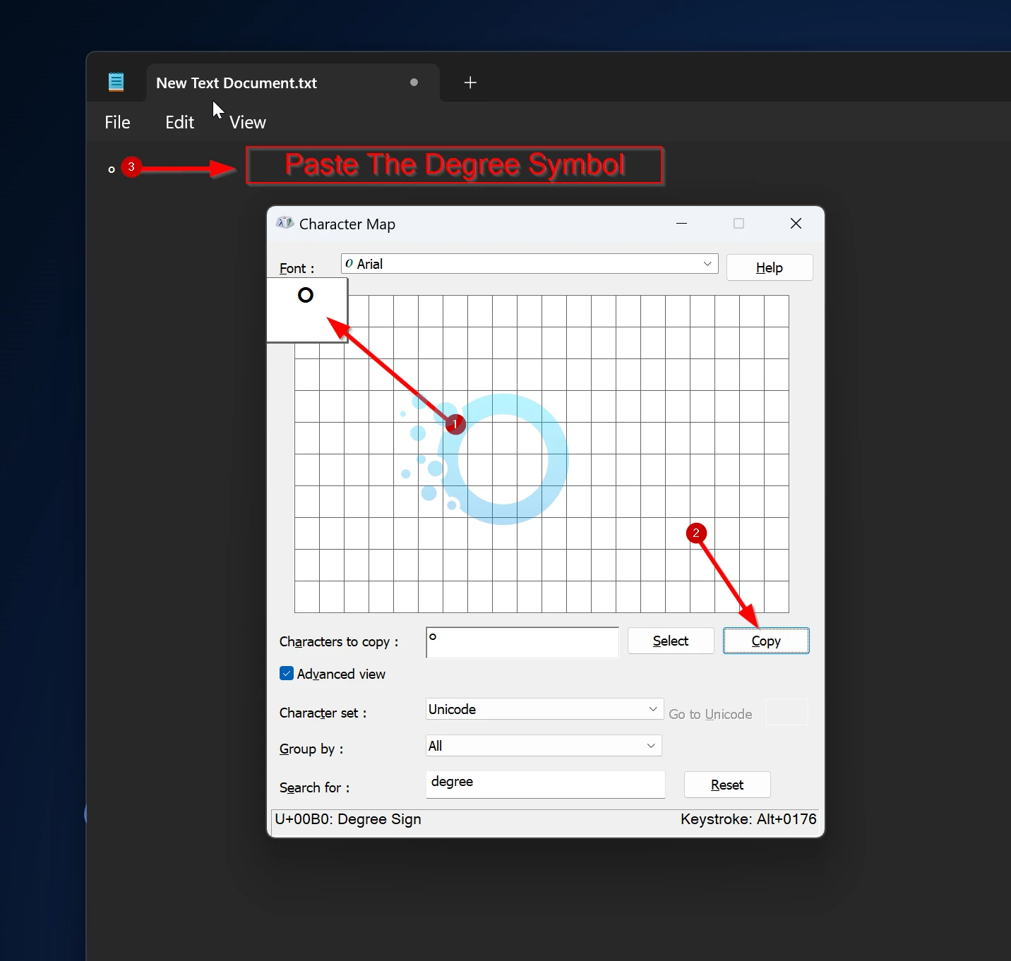 type the degree symbol in Windows